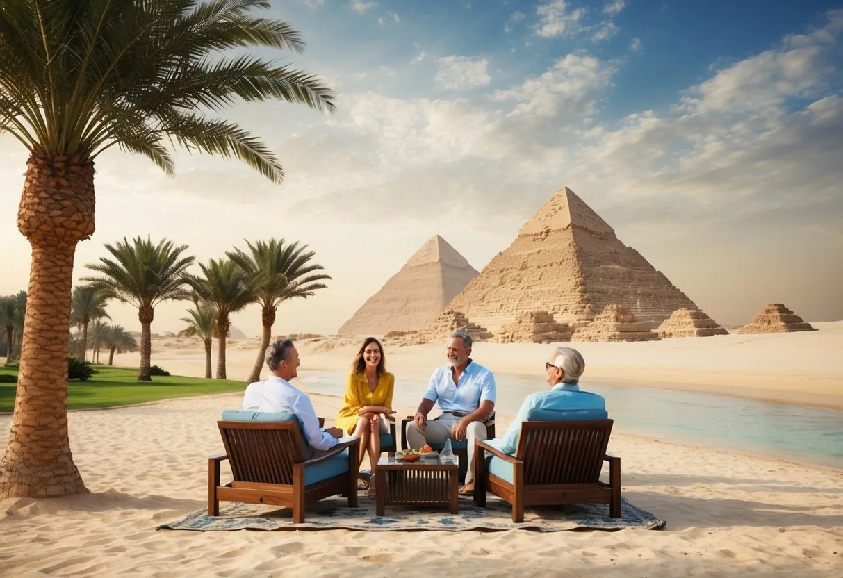 En familie nyder en luksuriøs altomfattende rejse til Egypten med palmer en uberørt strand og gamle pyramider i baggrunden